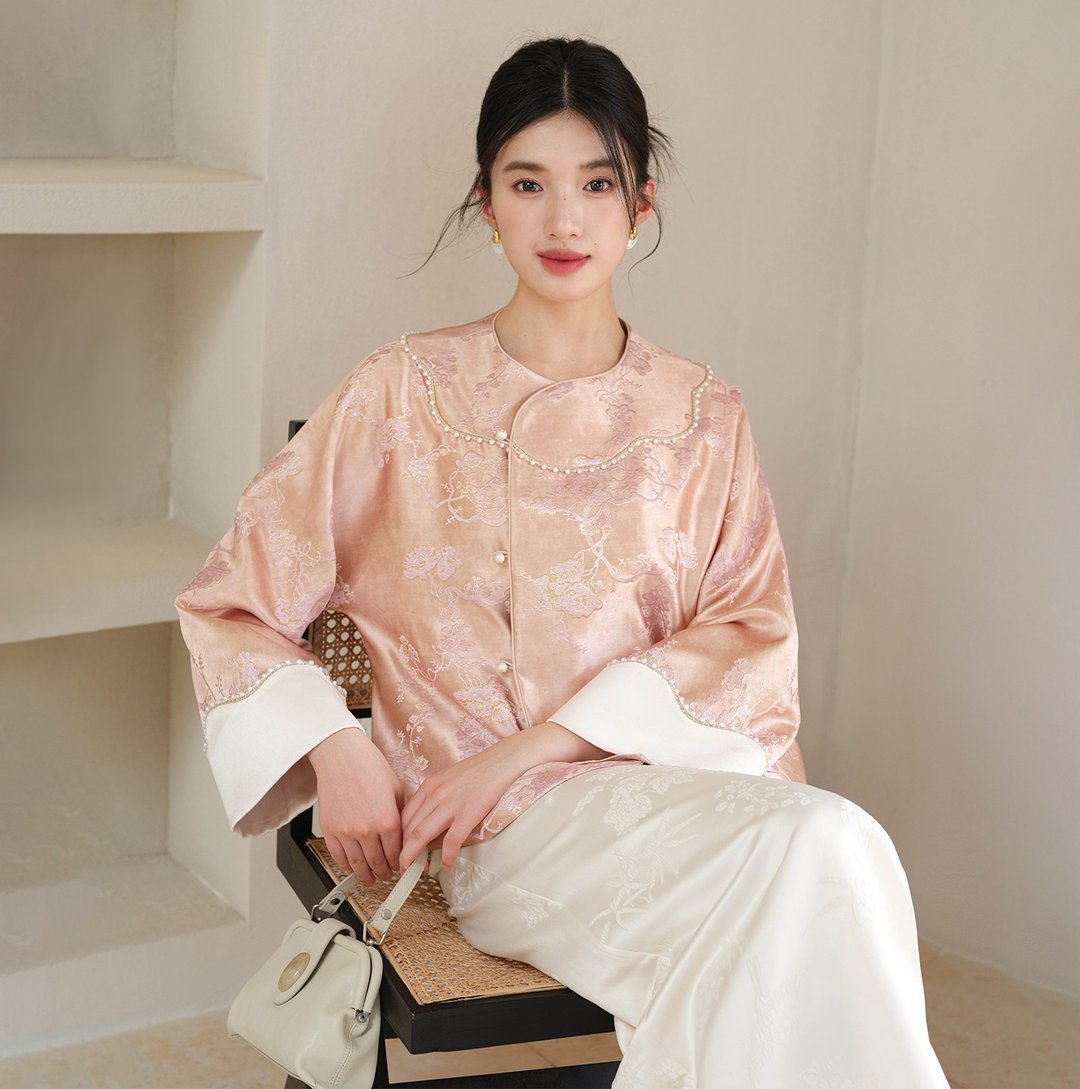 【温婉提花】新中式复古中国风 斜襟上衣/ 半裙 - 女装上衣 - 其他材质 粉红色