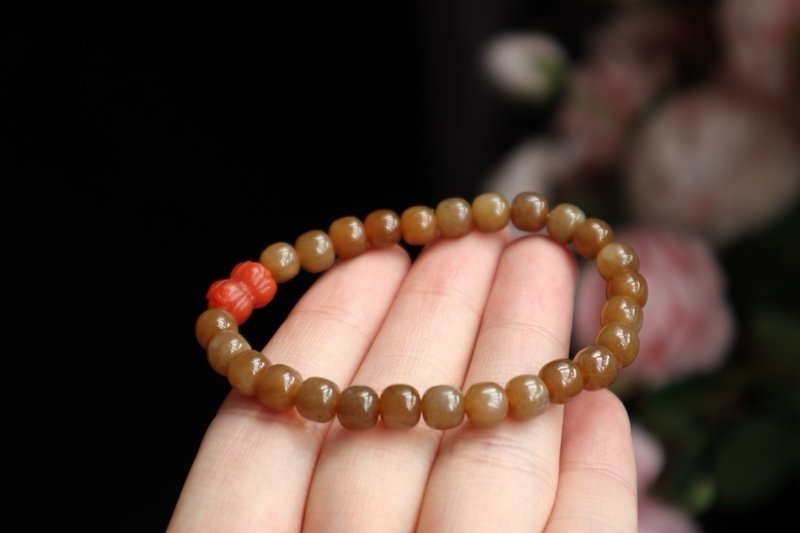 6mm天然和田玉/和阗玉-新疆糖玉 南红并蒂莲设计单圈手串 - 手链/手环 - 玉石 咖啡色