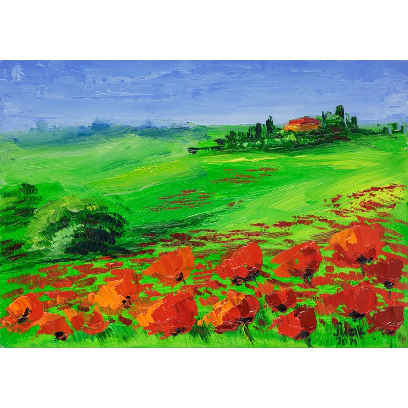 Tuscany Oil Painting Poppy Fields Original Art Impasto Painting Italy Landscape - 海报/装饰画/版画 - 其他材质 蓝色