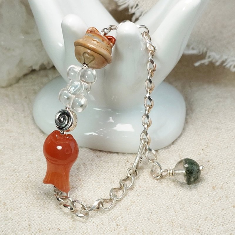 手链 阿拉善玛瑙 猫铃铛 绯红玛瑙 鱼 白水晶 绿幽灵水晶 925银饰 - 手链/手环 - 宝石 