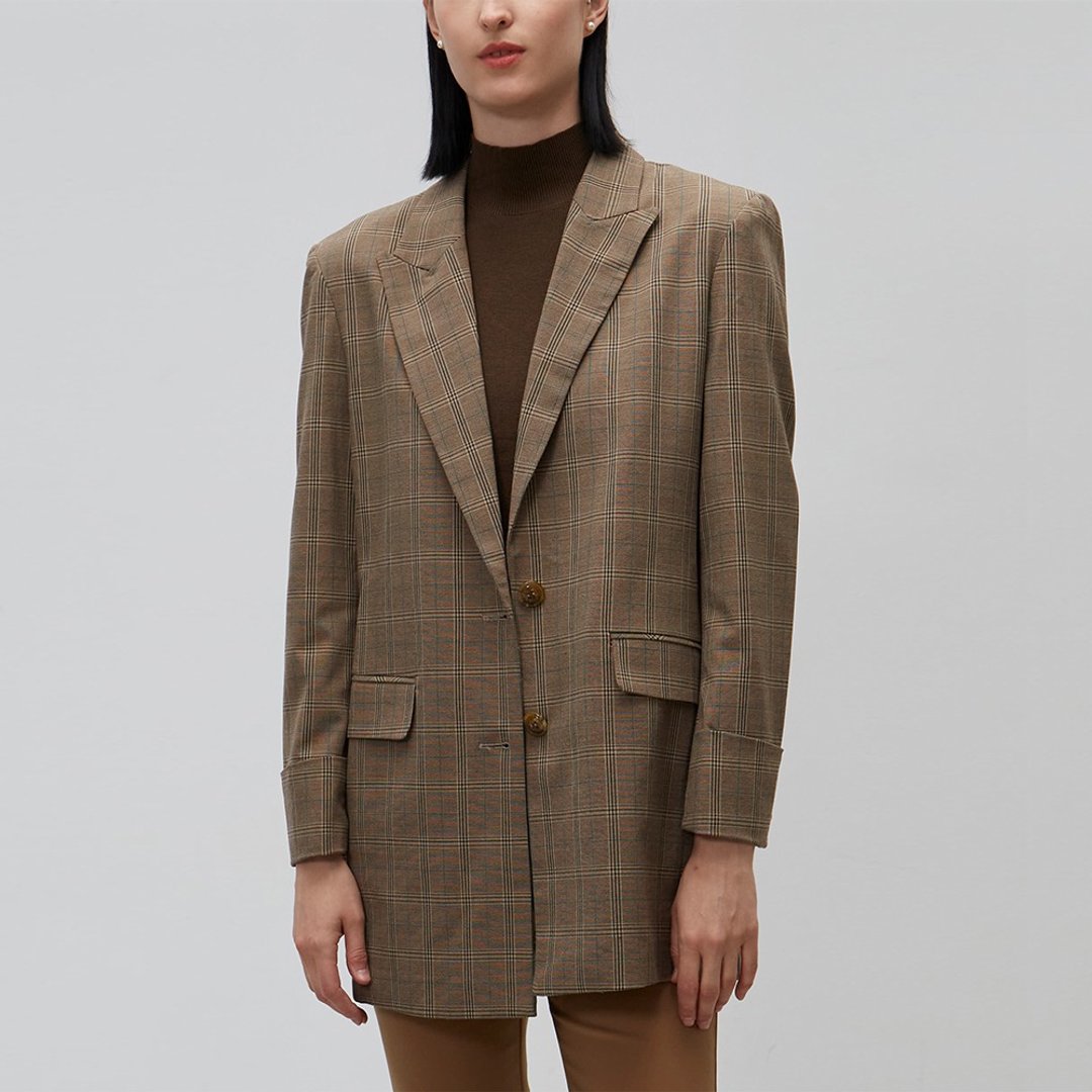格纹饰带开扣西装外套│Who Cares 台湾服饰品牌 - 女装西装外套/风衣 - 聚酯纤维 咖啡色
