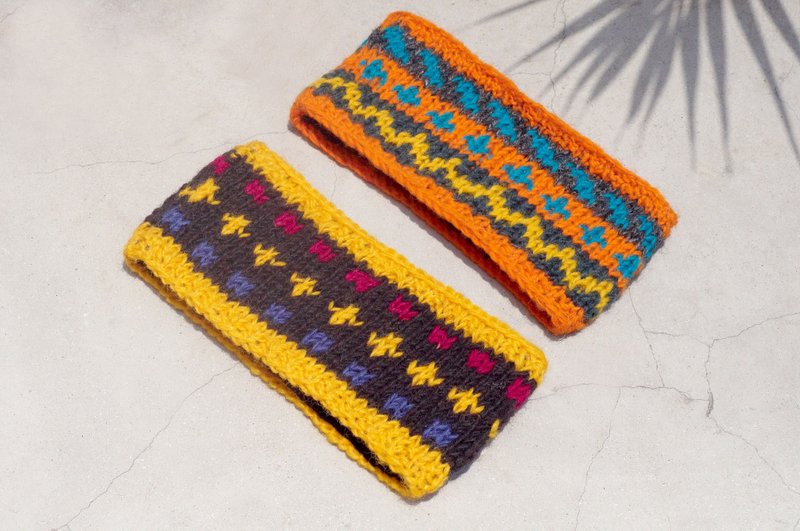圣诞礼物 限量手工 / 手工羊毛编织缤纷发带/ 纯羊毛编织发带 / boho headband / 花朵钩织发带 / 内刷毛发带 / 针织发带 - 黄色太阳 北欧费尔岛 民族条纹 - 发饰 - 羊毛 多色