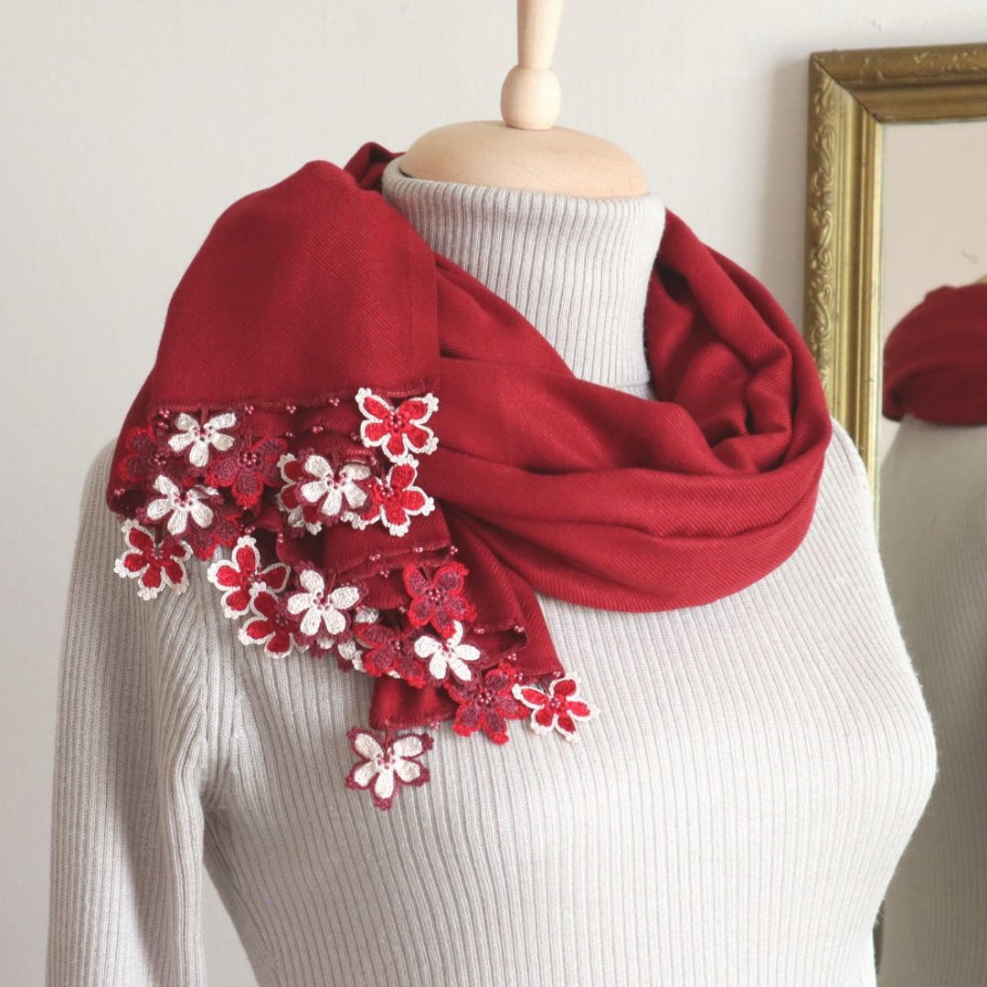 OYA crochet Pashmina shawl - SAKURA- Burgundy - 丝巾 - 羊毛 红色