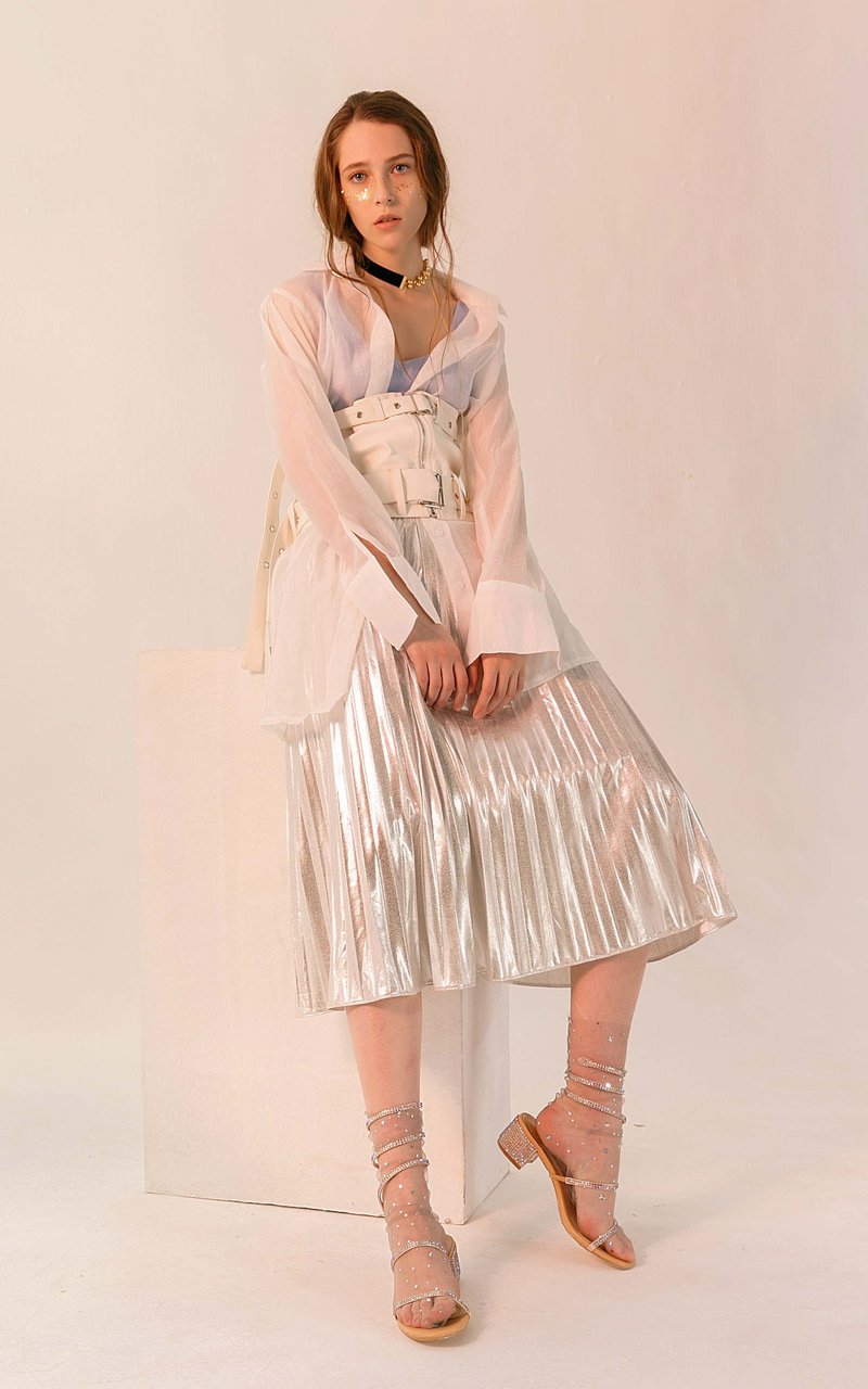 银色水暗纹松紧百褶半裙 - 裙子 - 其他材质 银色