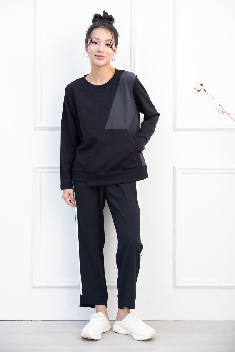 异材质拼接下摆不规则剪裁长袖上衣 黑色 - 女装上衣 - 其他材质 黑色