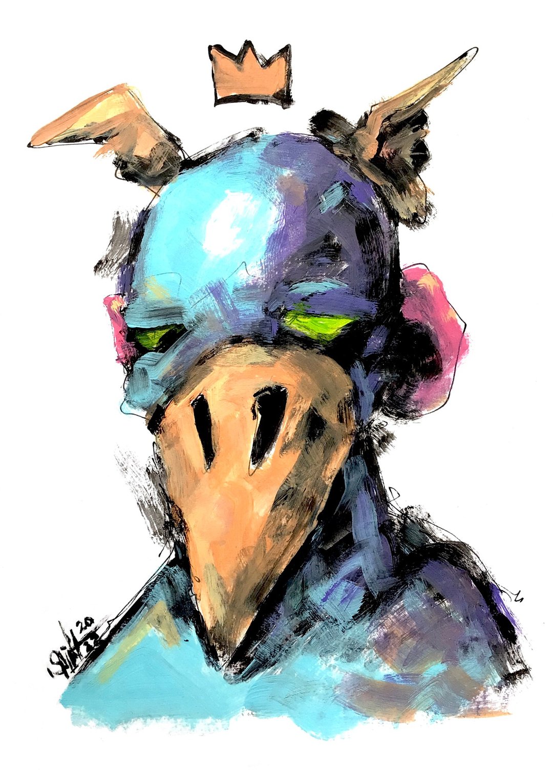 Zombie bird portrait painting original art, Mutant Horror. Acrylic, paper - 海报/装饰画/版画 - 纸 多色