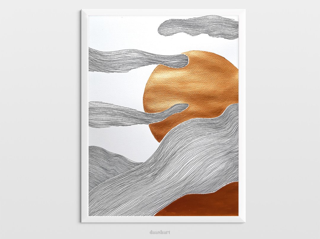 Original line drawing Gold sun wall art Black and white Abstract landscape - 海报/装饰画/版画 - 纸 金色