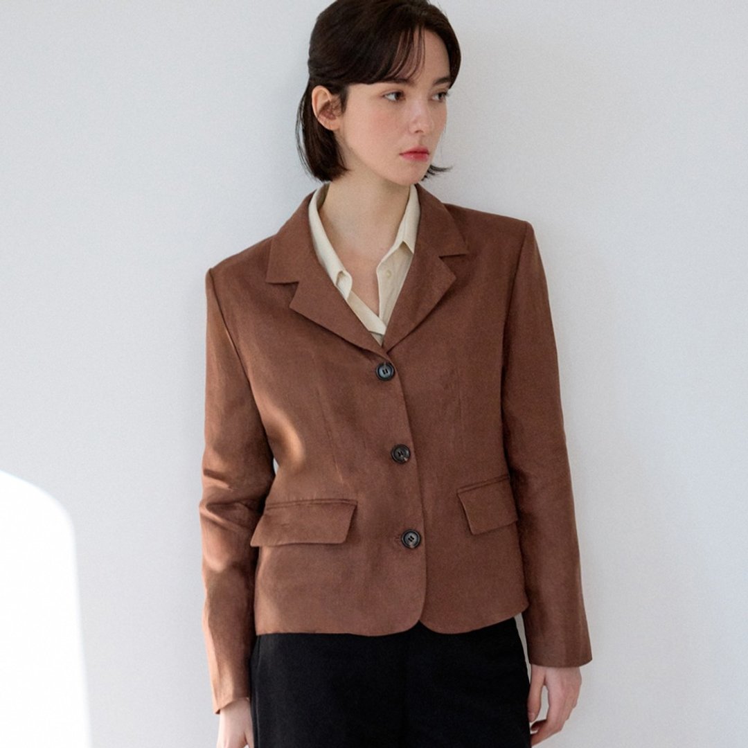 韩国姊妹情谊，Basic Linen Jacket Short - 棕色 - 女装休闲/机能外套 - 棉 咖啡色