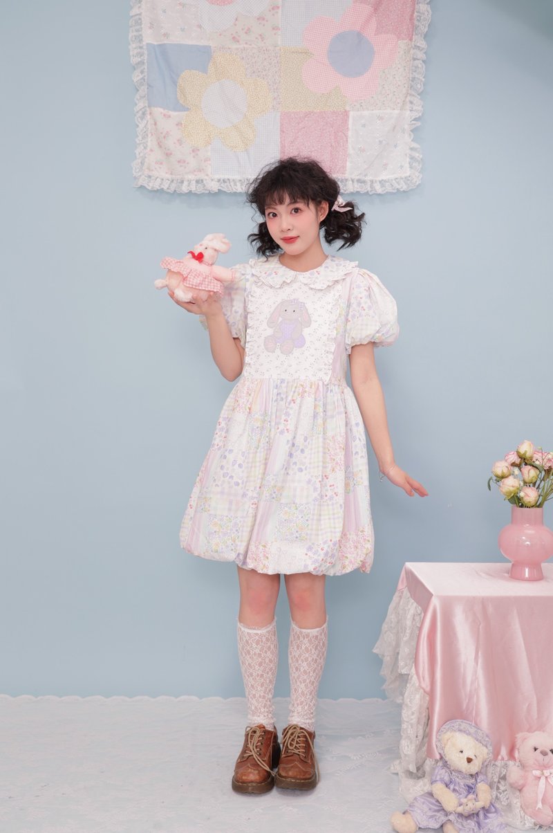 可爱少女 拼布兔子花苞娃娃领连身裙 短款 - 洋装/连衣裙 - 其他材质 紫色