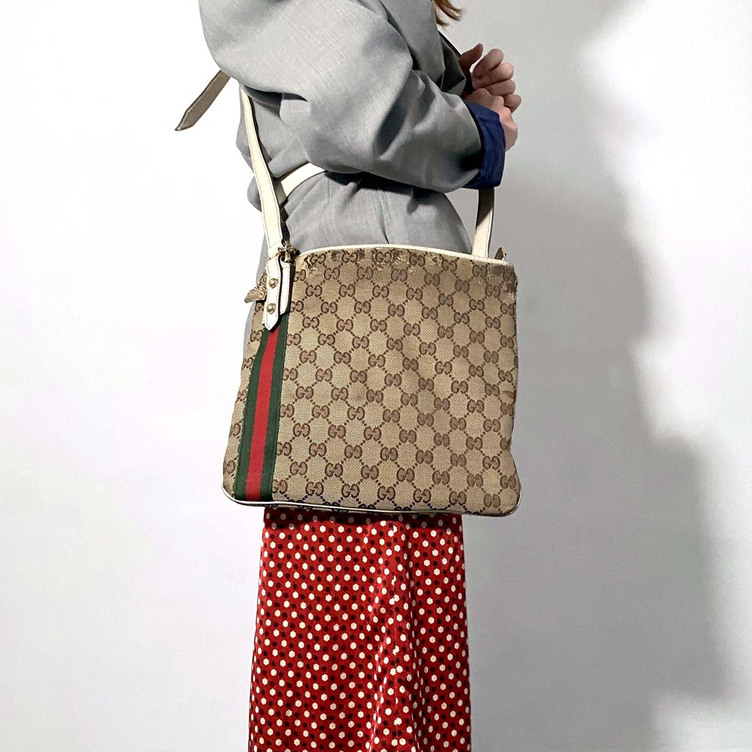 中古GUCCI Monogram手袋斜跨包 严重瑕疵 贵妇风意大利二手古着 - 侧背包/斜挎包 - 真皮 咖啡色