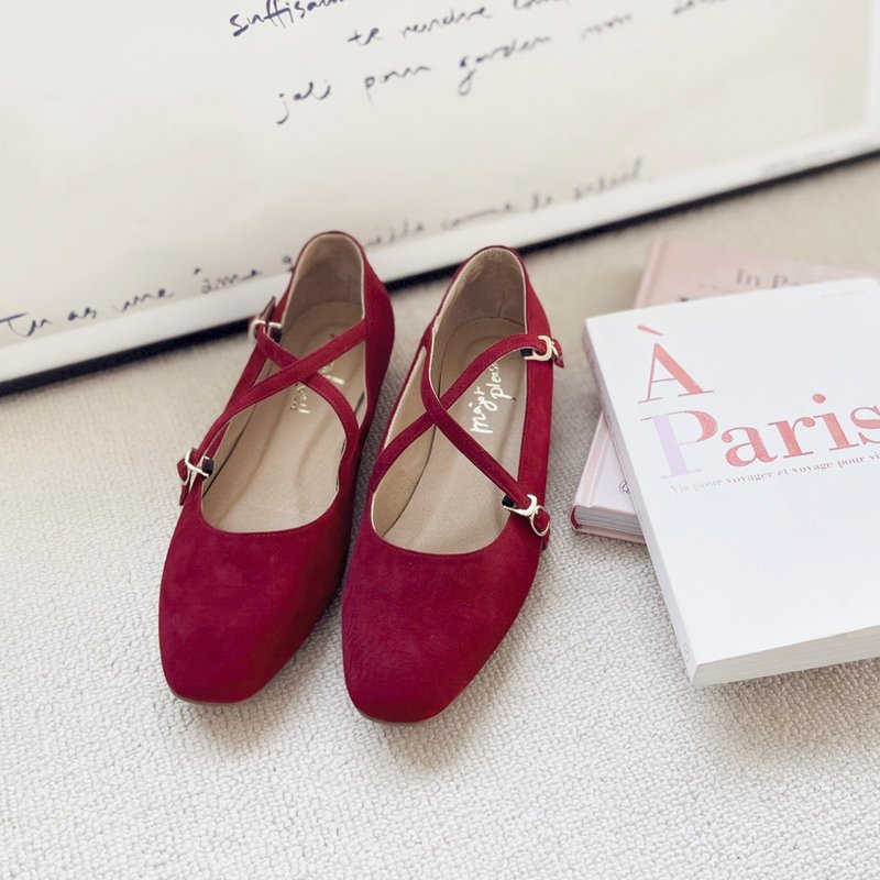 交叉系带! 花之圆舞曲玛莉珍鞋 红 全真皮 MIT- 麂皮红 - 芭蕾鞋/娃娃鞋 - 真皮 红色