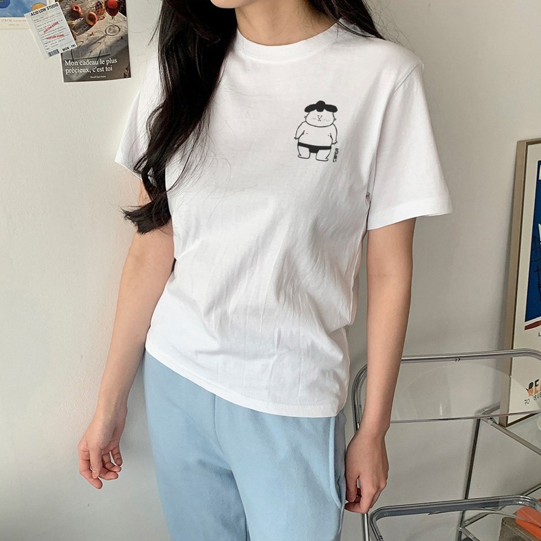 左胸 忧伤相扑男孩 中性短袖T恤 白色 富士山日本东京日文礼物 - 女装 T 恤 - 棉 白色