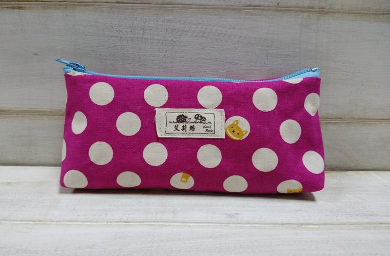 桃红点点柴犬笔袋-收纳袋 - 铅笔盒/笔袋 - 棉．麻 粉红色