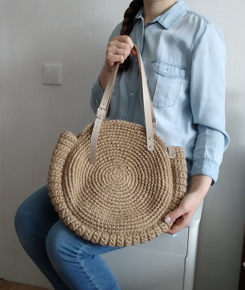 Jute Bag, Knitted Round Bag, Woven Eco Bag - 手提包/手提袋 - 环保材料 咖啡色