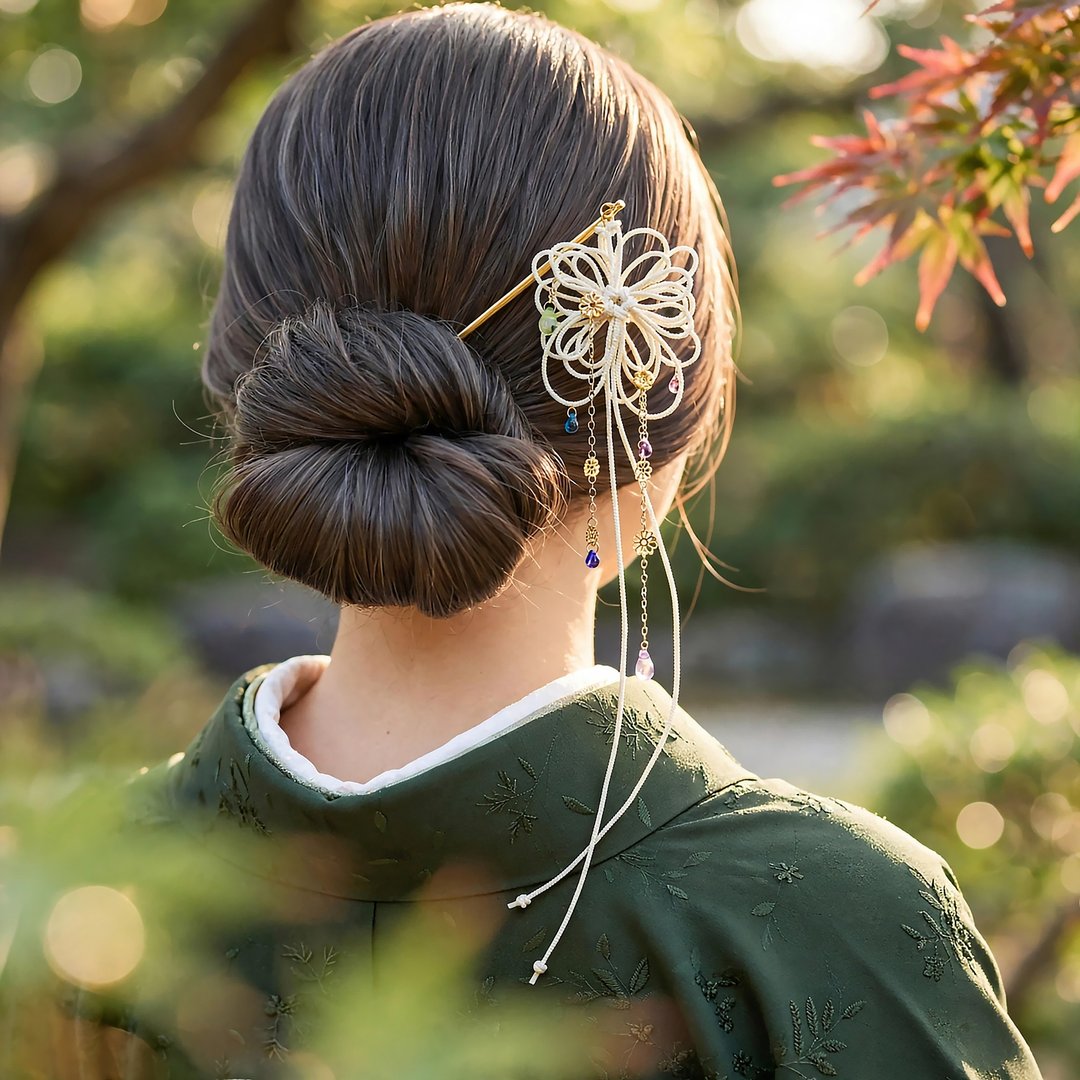 饰结发簪 绫与瑠璃 | 适用于浴衣、和服、正式日式发型。使用捷克琉璃珠。 - 发饰 - 聚酯纤维 白色