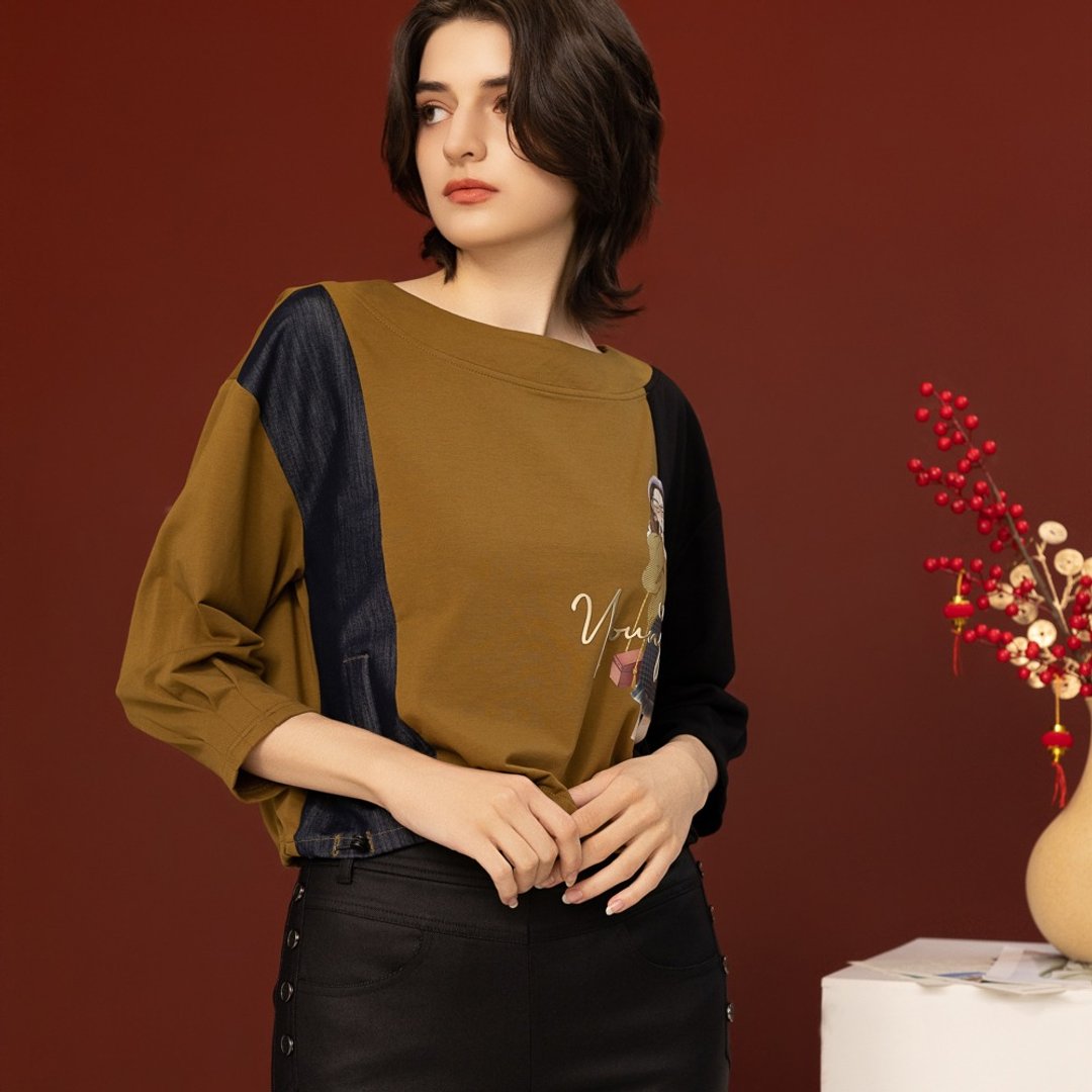 【MEDUSA】芥绿牛仔拼接色抽绳T恤(M-XL) | 女休闲上衣 女长袖T恤 - 女装 T 恤 - 棉 绿色