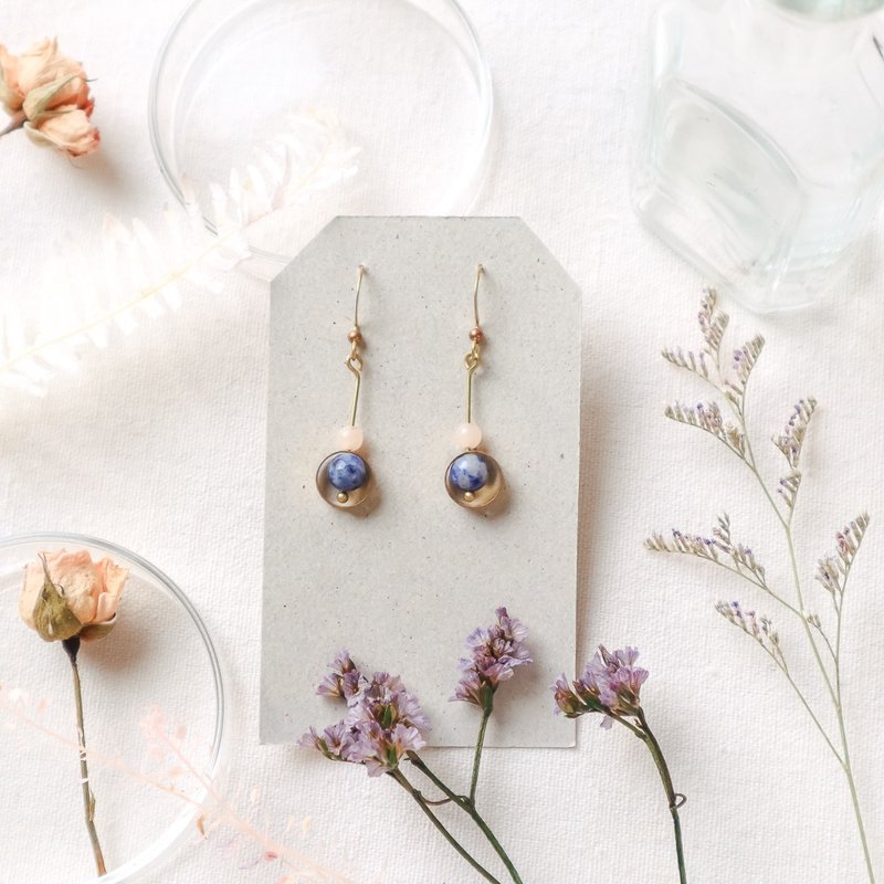 天然石几何黄铜系列耳环-出发吧 - 耳环/耳夹 - 铜/黄铜 蓝色