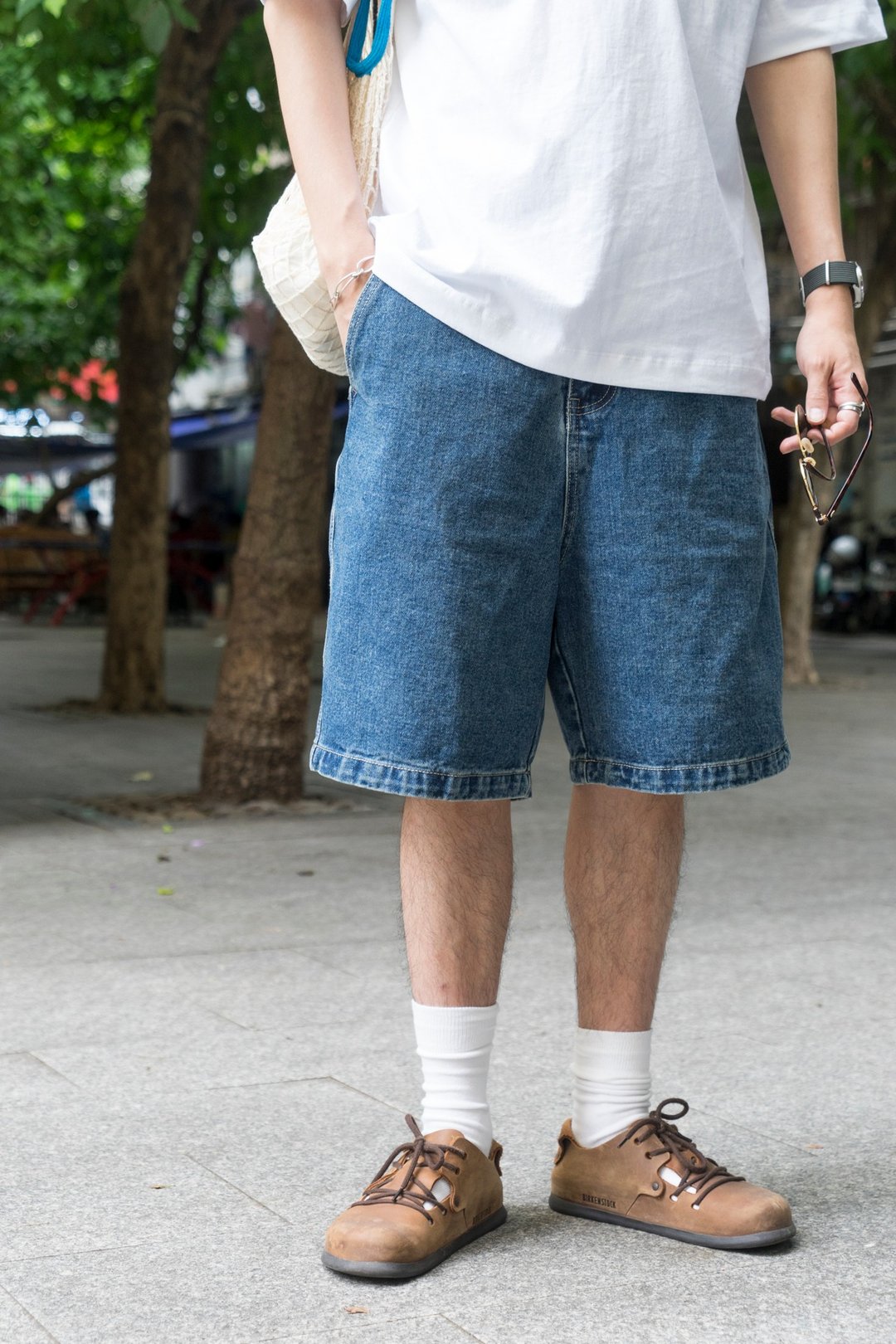 DENIM PANTS 夏季休閒洗水牛仔短褲 日系潮流寬鬆單寧五分褲 - 男士长裤 - 棉．麻 蓝色