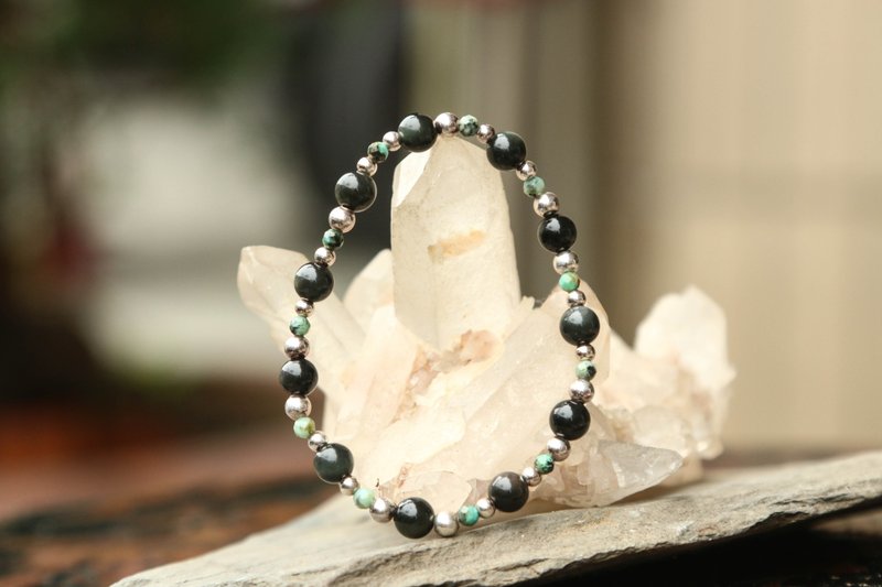 【手环系列】6mm+彩虹黑曜石+非洲绿松+925银珠手环 (欢迎定制) - 手链/手环 - 宝石 多色