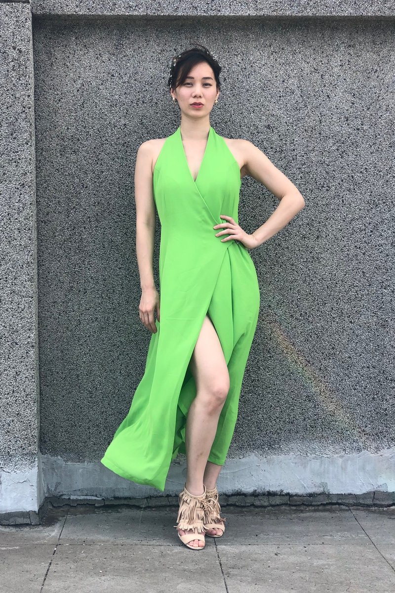 青绿V领高叉洋装 - 洋装/连衣裙 - 其他材质 