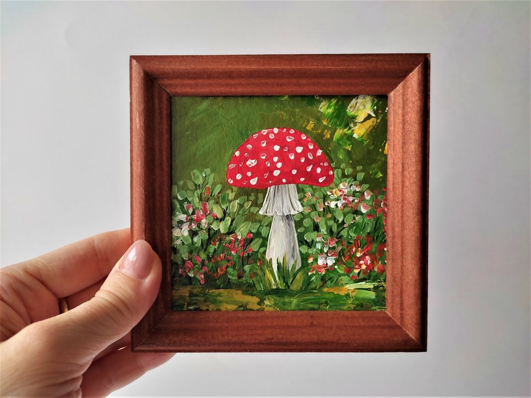 Mushroom original painting framed / Miniature painting with fly agaric - 墙贴/壁贴 - 压克力 多色