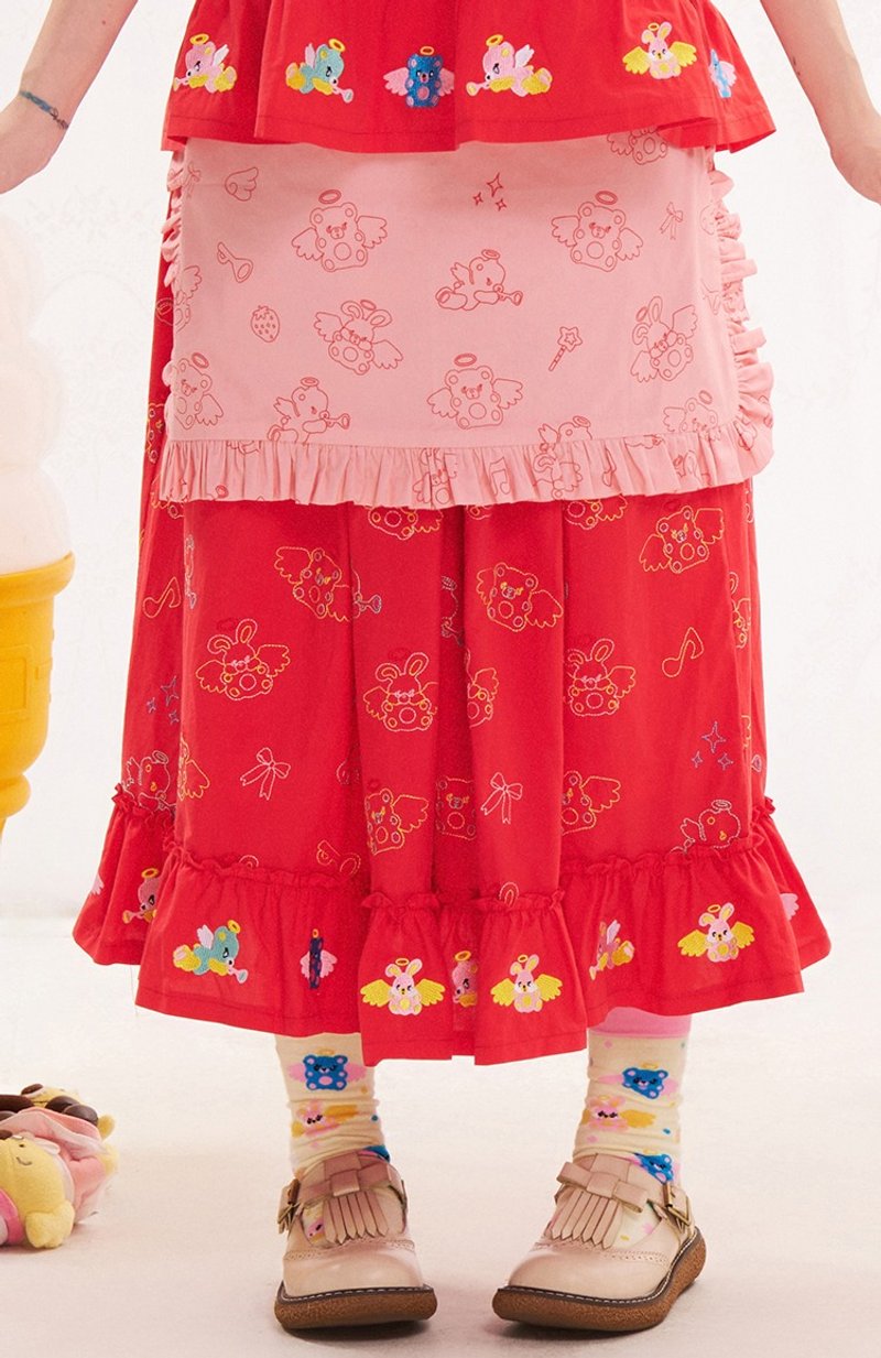 动物天使重工刺绣红色半裙 松紧腰围裙可拆卸 可爱 - 裙子 - 棉．麻 多色