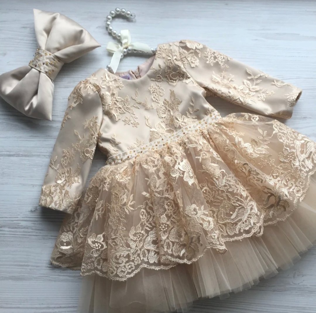 Gold lace dress with tulle, pearls and big bow, comes with headband. - 童装礼服/连衣裙 - 其他金属 金色