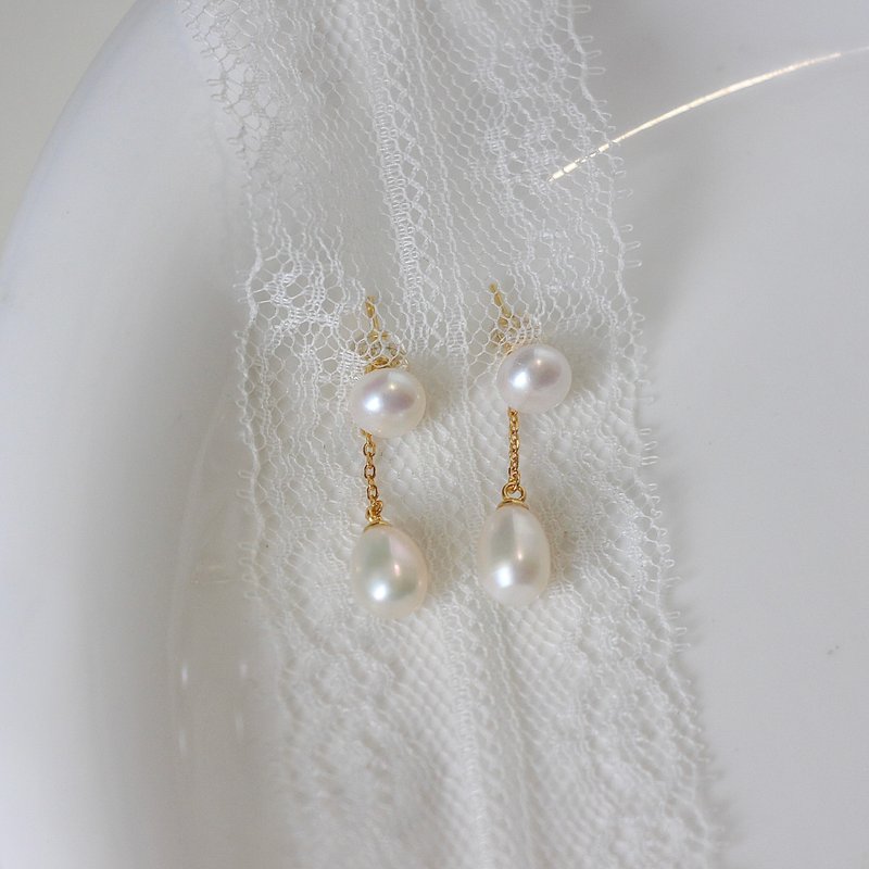 【优雅水滴】 925纯银珍珠垂坠耳环 三种戴法 - 耳环/耳夹 - 珍珠 白色