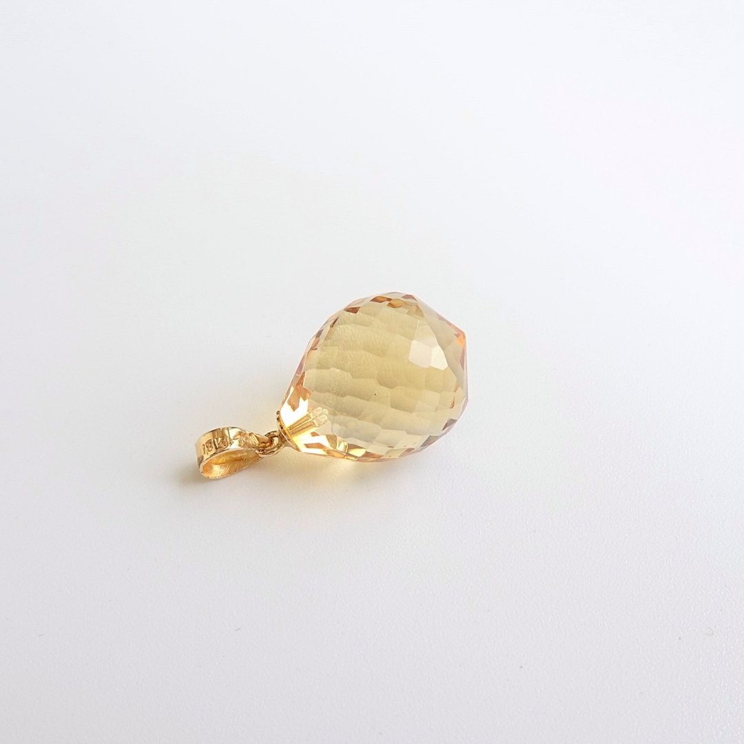 限量现货 - 天然优质黄水晶 大号圆水滴切割 古董纯 18K 金坠 - 项链 - 半宝石 黄色