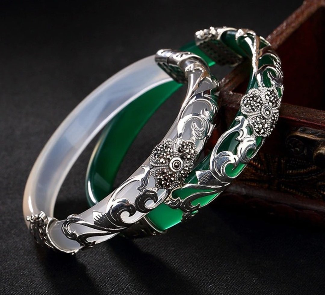 925 Silver Four Leaf Clover Bangles for Women Transparent Gemstone Bangle Ethnic - 手链/手环 - 纯银 银色