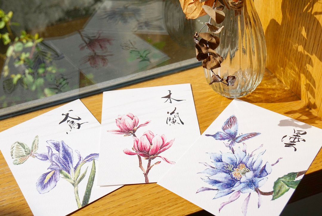 明信片套组~春季墨染花蝶组~ - 卡片/明信片 - 纸 白色