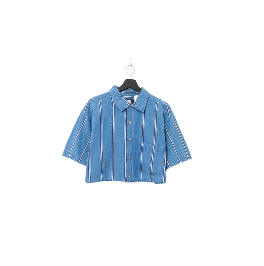 Back to Green-再制条纹短板衬衫 天蓝ds-17//vintage shirt - 女装衬衫 - 棉 