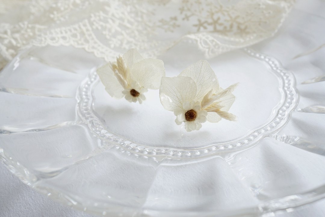 保鲜花法国白梅+米白色绣球+麦穗 Preserve Flower 耳环 【订造】 - 耳环/耳夹 - 植物．花 透明