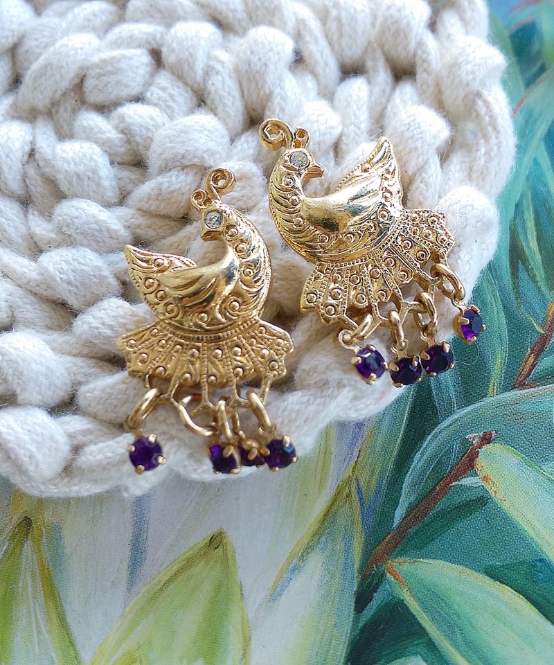 Vintage Jewelry 西洋古董饰品 AVON  Peacock Dangle 针式耳环 - 耳环/耳夹 - 其他材质 金色