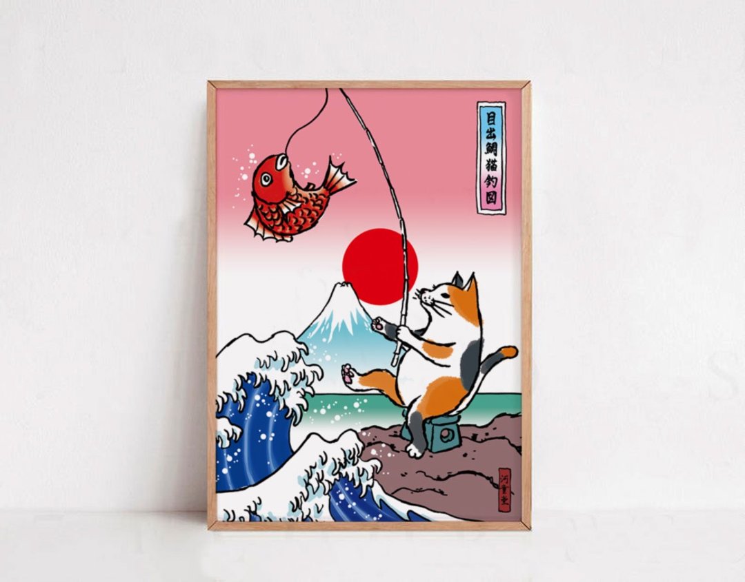Mount Fuji and cat poster Ukiyo-e style - 海报/装饰画/版画 - 纸 红色