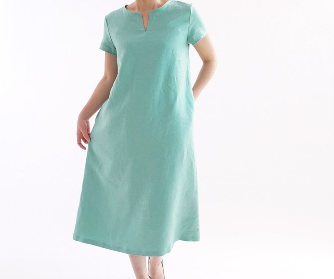 Belgian linen A-line crew slit dress / mint a21-3 - 洋装/连衣裙 - 棉 蓝色
