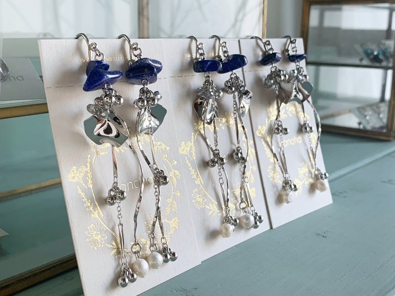 【六月・十二月诞生石】带来幸运的淡水珍珠・幸运之石青金石耳环/夹式耳环 - 耳环/耳夹 - 半宝石 蓝色