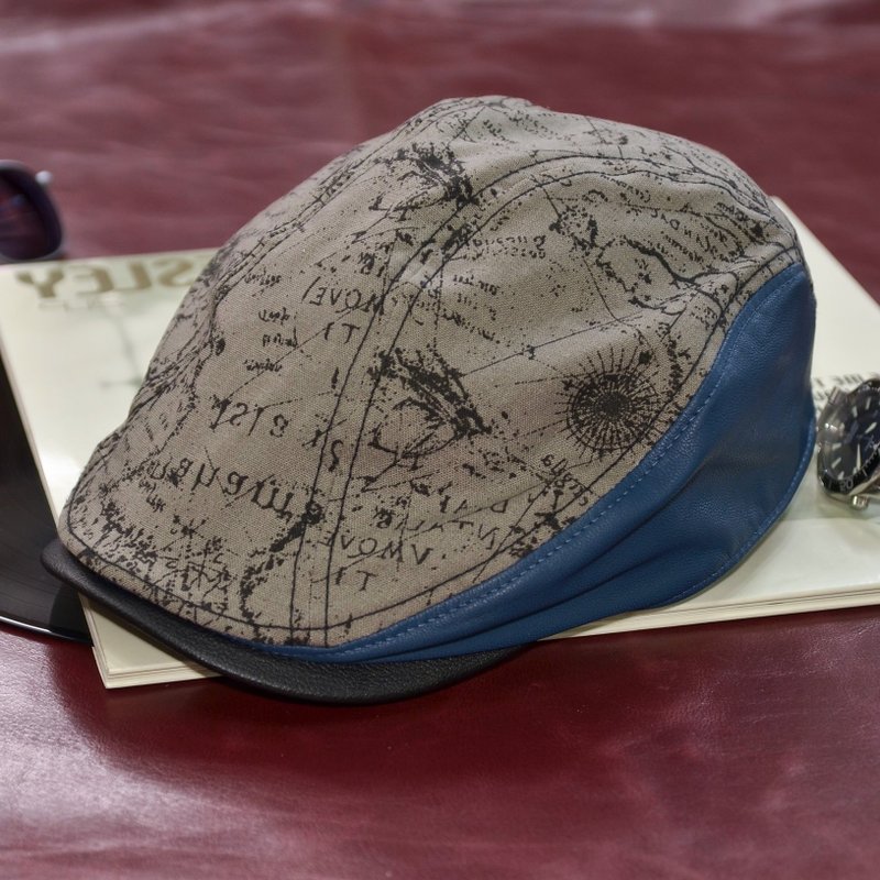 羊皮拼接扁帽 父亲节礼物 灰色地图 复古鸭舌帽 贝雷帽 - 帽子 - 真皮 银色