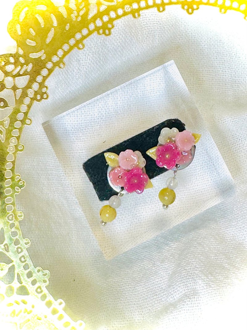 花卉系列 - 春日之花卉与阿拉善玉耳环 - 耳环/耳夹 - 树脂 多色