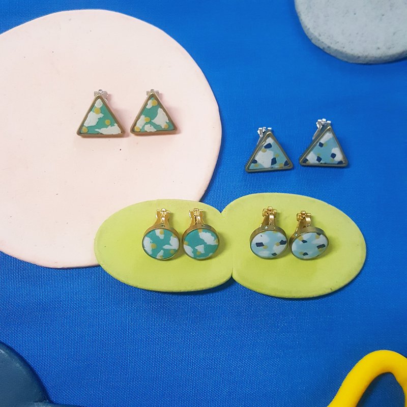 夏之果系列 -  三角形 圆形 拼贴 可爱 贴耳 耳环 耳针 / 耳夹 - 耳环/耳夹 - 粘土 蓝色