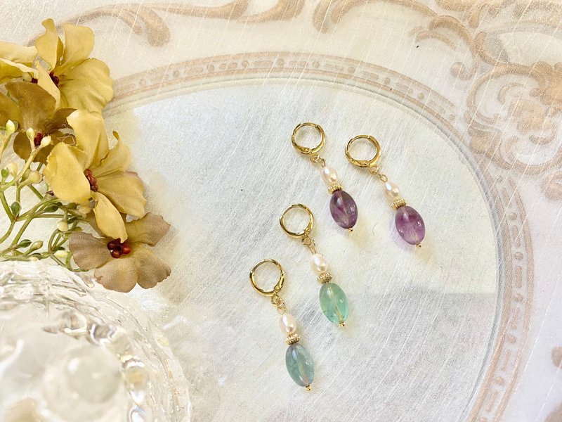 萤石桶珠耳环 萤石耳环 萤石 水晶设计 手作饰品 手作耳环 - 耳环/耳夹 - 宝石 紫色