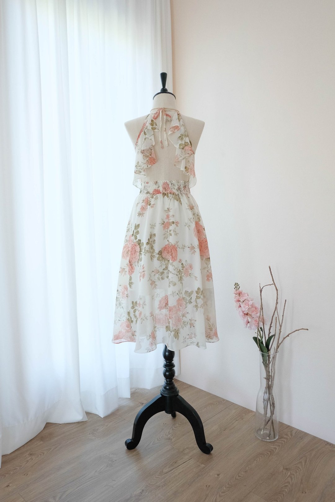 Creamy white dress Peach floral Bridesmaid dress Mid Length Cocktail Dress - 洋装/连衣裙 - 聚酯纤维 白色