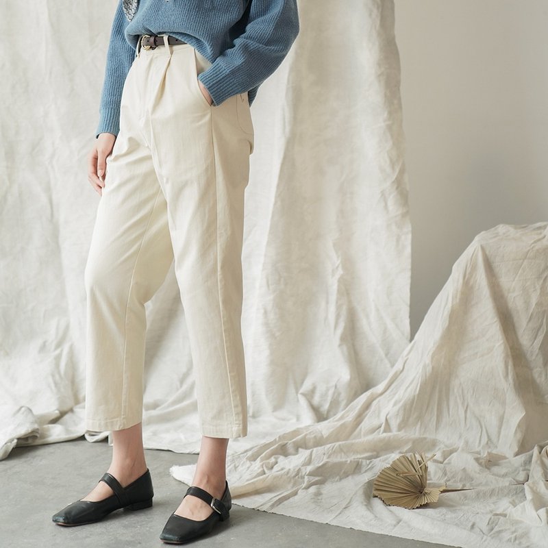 雅痞风 | 黄油奶白色 复古翻口袋哈伦休闲长裤 又一条百搭神裤 - 女装长裤 - 棉．麻 白色