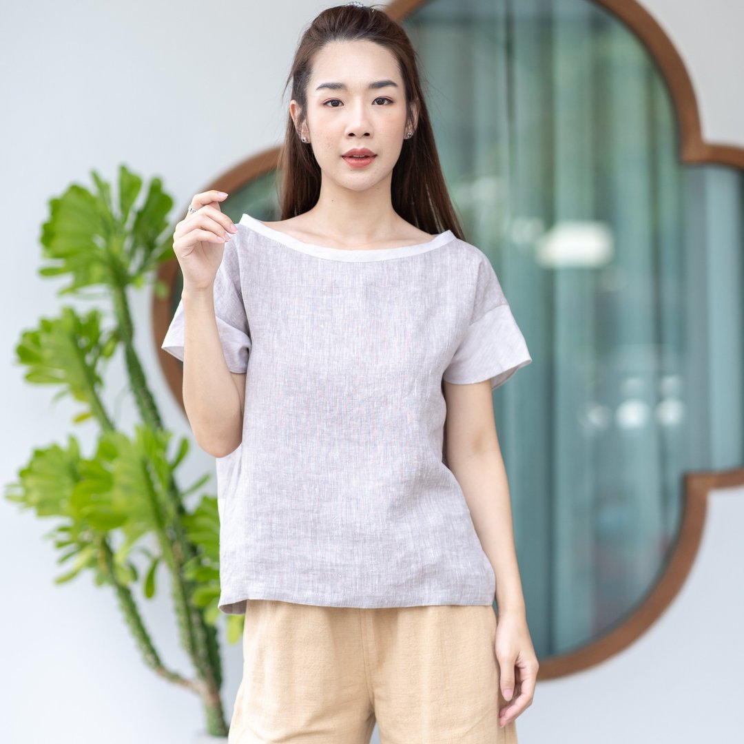 Natural Linen Top Minimal Top Simple Top - Two Tone Very Light Grey/Medium Grey - 女装上衣 - 亚麻 灰色