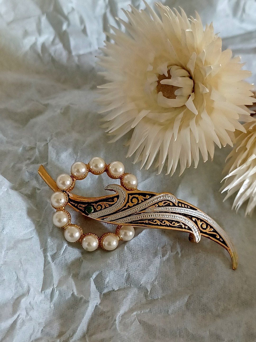 Avintage jewelry 西班牙 大马士革镶嵌工艺 珍珠柳叶 别针 - 胸针 - 其他金属 