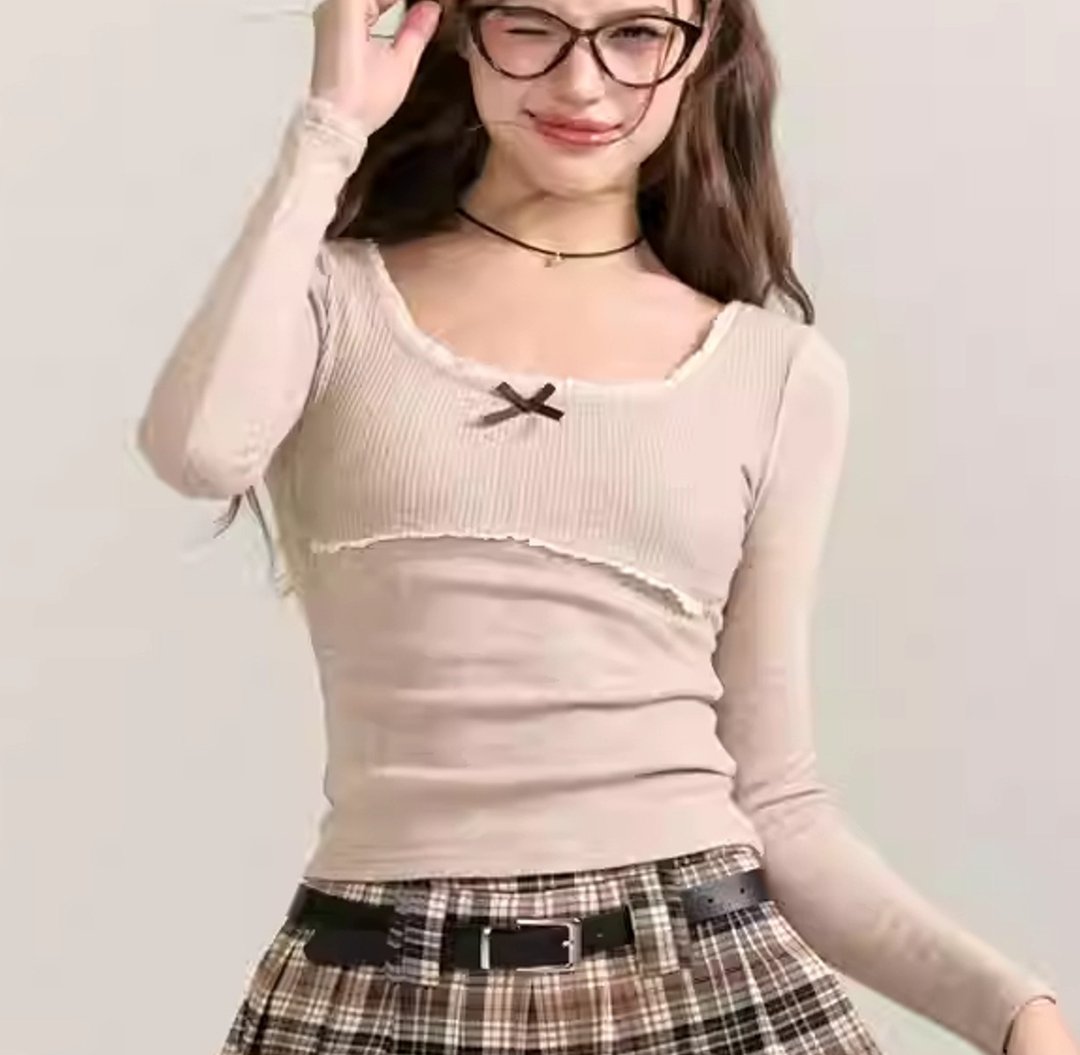 法式 方领长袖紧身收腰显瘦上衣针织衫 - 女装上衣 - 其他材质 卡其色