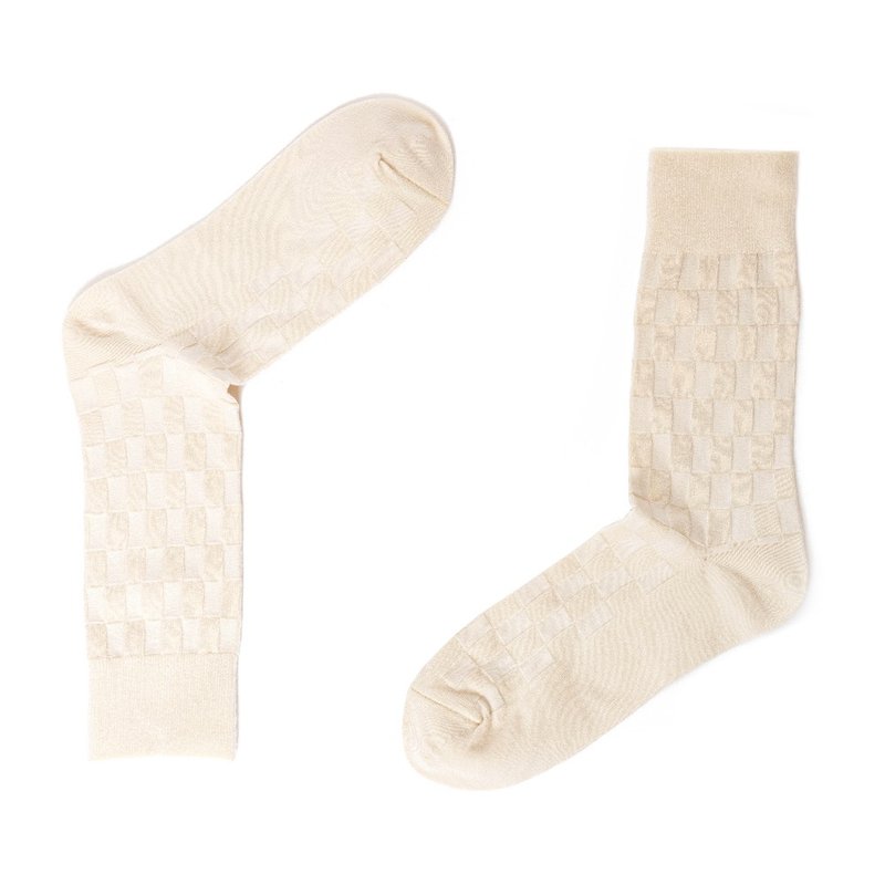 棋盘格纹绅士袜 奶白色 - 绅士袜 - 棉．麻 白色