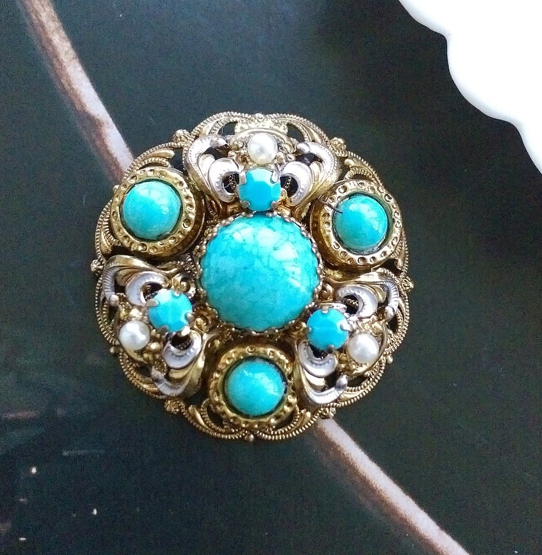 Vintage Jewelry  西德制 绿松石 蕾丝 立体 花型 别针 胸针 - 胸针 - 其他材质 金色