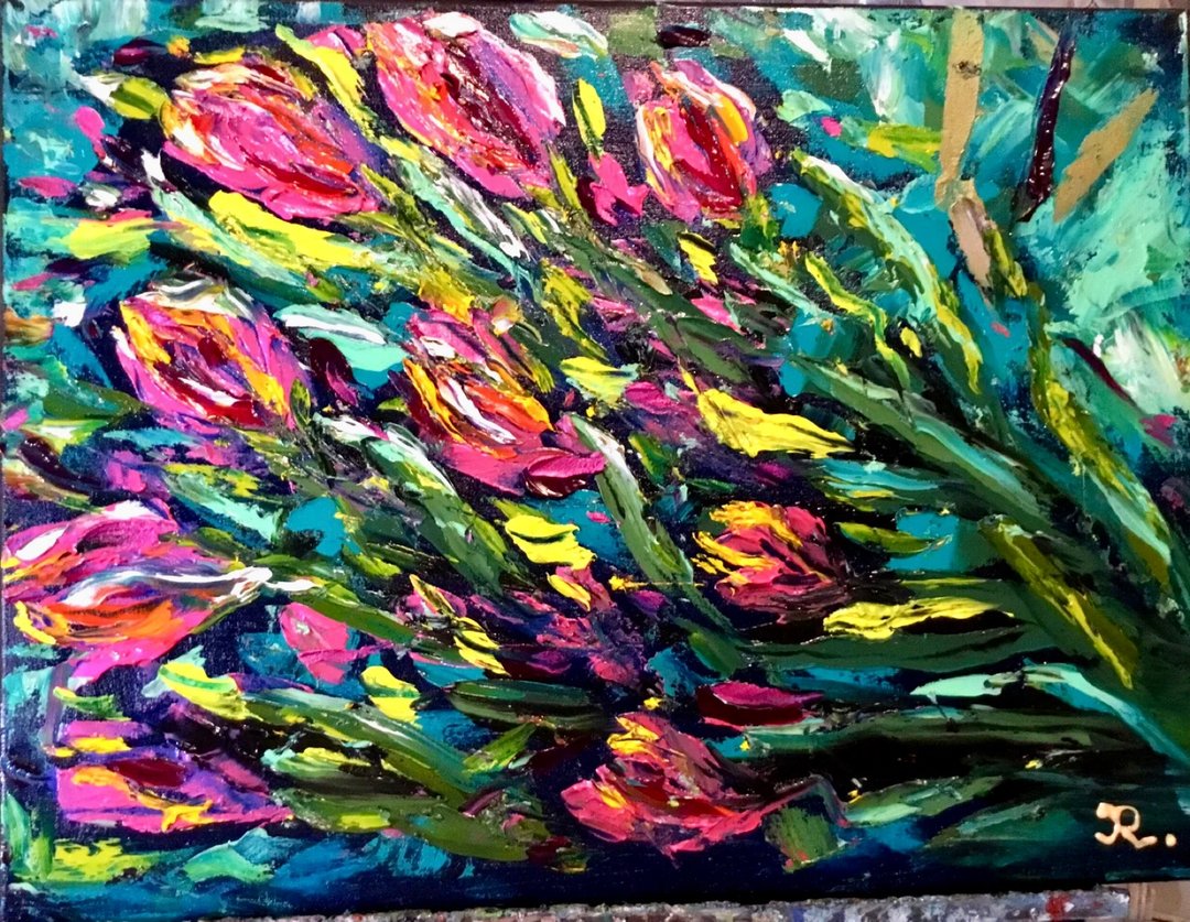 郁金香厚涂风格绘画，画布上原创油画 - 墙贴/壁贴 - 其他材质 红色