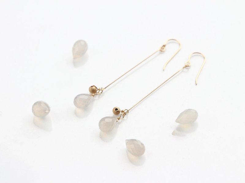 14kgf-translucent gray chalcedony - 耳环/耳夹 - 宝石 银色